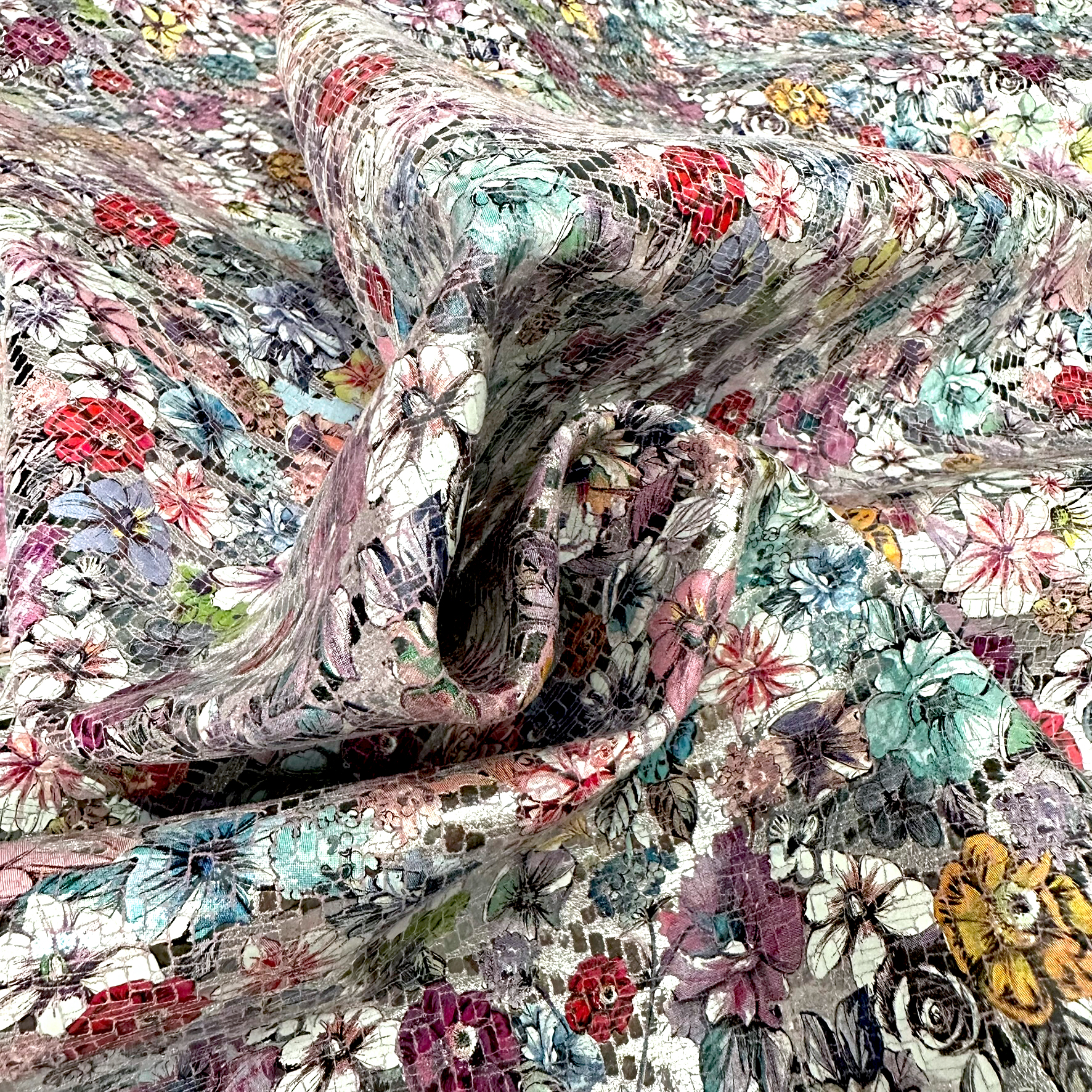 Schuh- & Taschenleder „Blumenmeer Multicolor mit Silberakzenten“ – Rindleder mit floraler Folierung in Mosaikoptik 