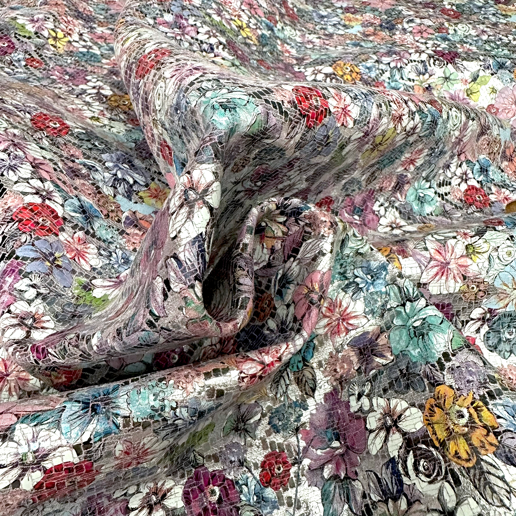 Schuh- & Taschenleder „Blumenmeer Multicolor mit Silberakzenten“ – Rindleder mit floraler Folierung in Mosaikoptik 